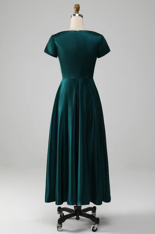 DingJiDress Elegant Bridesmaid Dresses Peacock A-Line Tea-Length Satin Mother of the Bride Dress With Cascading Ruffles Fall Wedding Guest Dress November