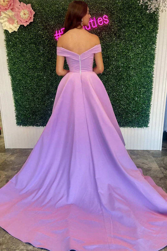 DingJiDress A-Line Prom Dresses Off-The-Shoulder Satin With Beading Zipper Up Back