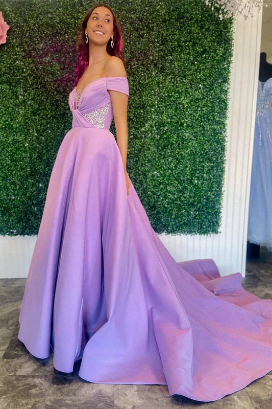 DingJiDress A-Line Prom Dresses Off-The-Shoulder Satin With Beading Zipper Up Back