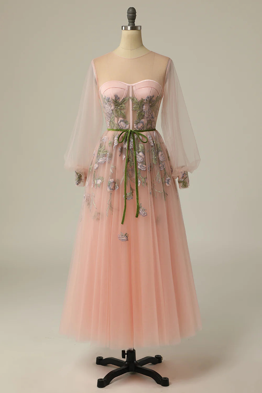 DingJiDress A Line Jewel Light Nude Long Prom Dress with Embroidery
