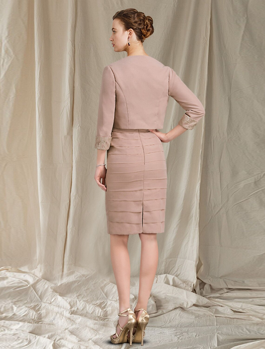 Two Piece Mother of the Bride Dress Church Elegant Knee Length Chiffon Short Sleeve Wrap Included with Tier