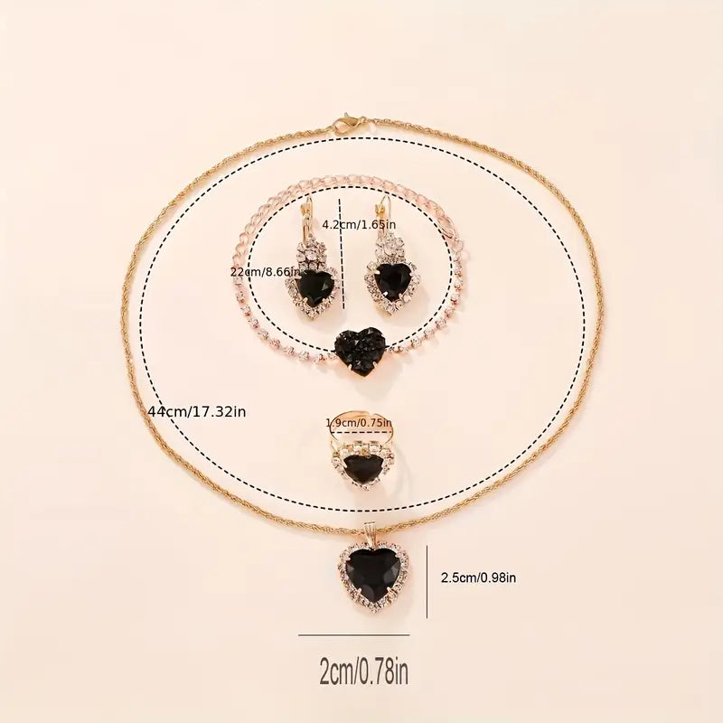 DingJi 1 Pair Of Earrings + 1 Necklace + 1 Bracelet + 1 Ring Coquette Style Jewelry Set Inlaid Heart Shape Zirconia Black Or Red Make Your Call