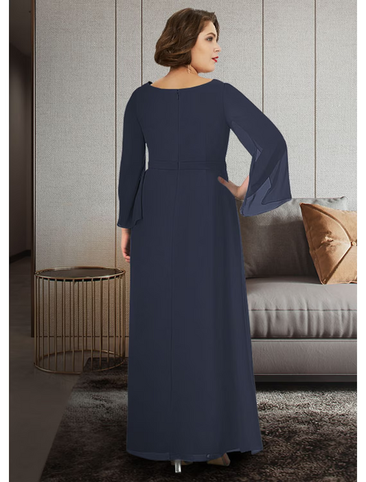 A-Line Mother of the Bride Dress Plus Size Elegant V Neck Ankle Length Chiffon Sleeve with Ruching