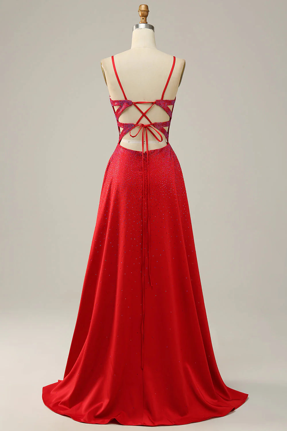 DingJiDress Red A Line Spaghetti Straps Beaded Long Wedding Party Dress with Slit