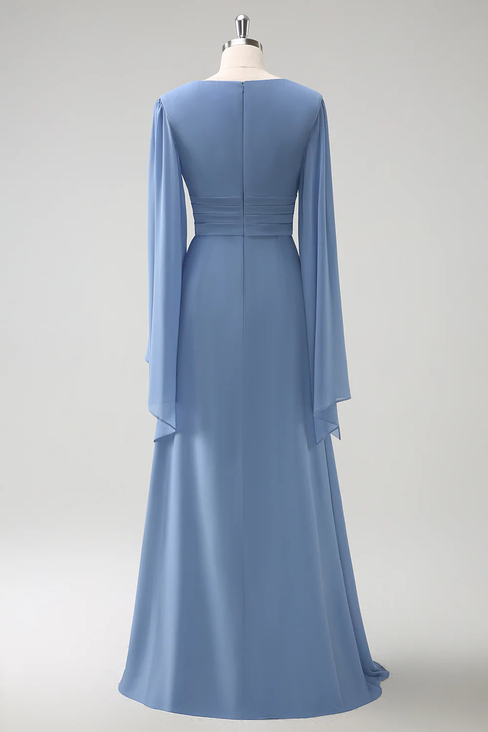 DingJiDress Grey Blue A Line Long Bridesmaid Dress Spaghetti Straps Pleated Chiffon with Slit