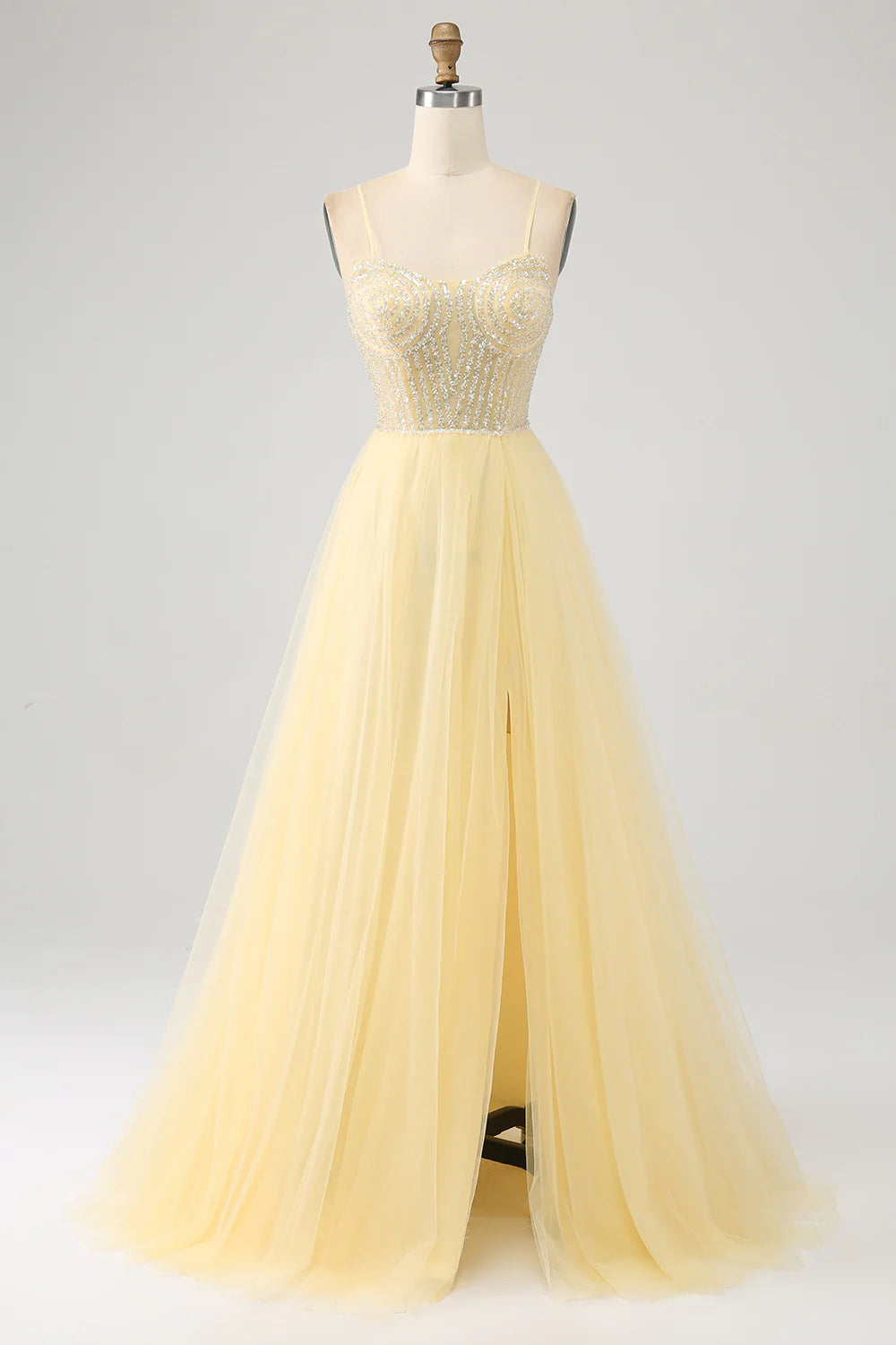 DingJiDress Tulle Beaded Light Yellow Prom Dress with Slit