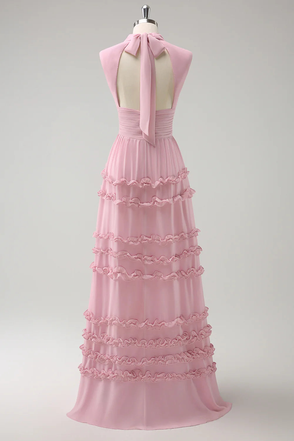 DingJiDress Blush Pink A Line High Neck Chiffon Ruffle Pleated Long Bridesmaid Dress with Lace Up Back