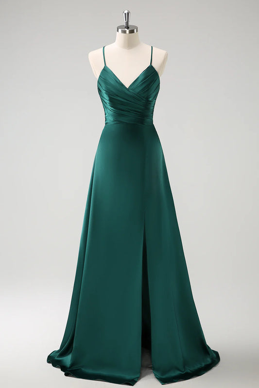 DingJiDress Dark Green A Line Bridesmaid Dress Spaghetti Straps Pleated Floor Length Satin with Slit