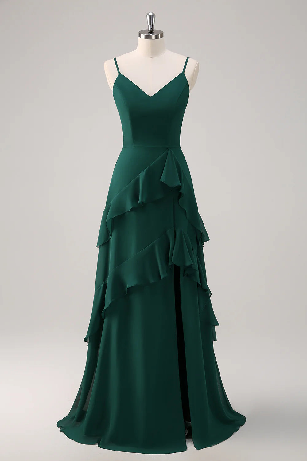 DingJiDress Dark Green A Line Bridesmaid Dress Spaghetti Straps Ruffled Chiffon Floor Length with Slit