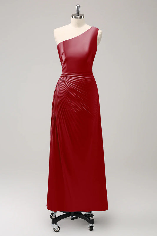 DingJiDress Dark Green Evening Dress Sheath One Shoulder Satin Long Bridsmaid Dress