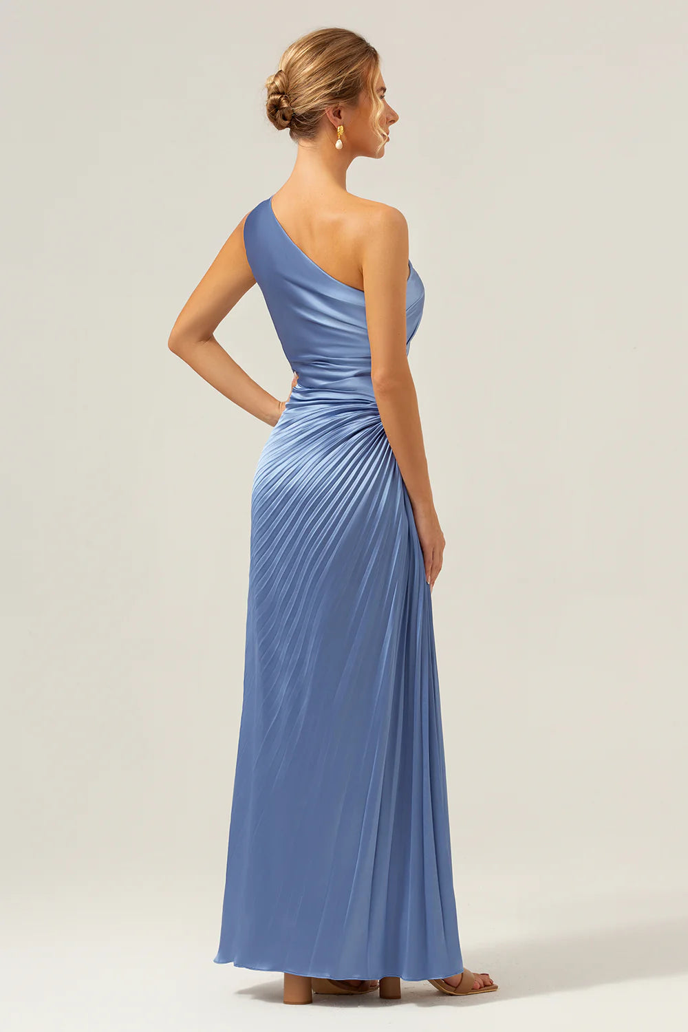 DingJiDress Sheath One Shoulder Long Blue Bridesmaid Dress Pleated Keyhole Satin Wedding Guest Dresses
