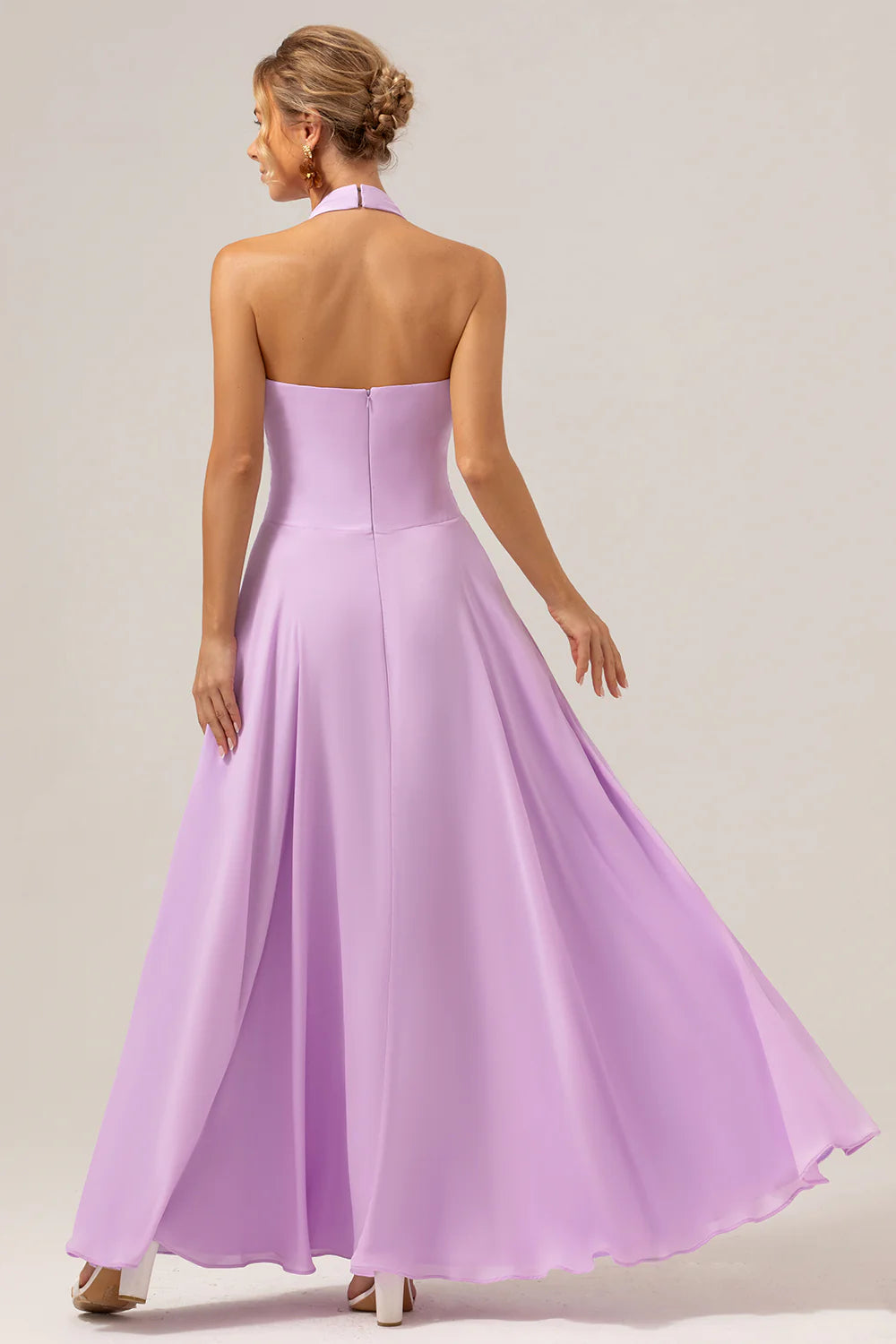 DingJiDress Elegant A Line Halter Backless Pleated Chiffon Long Purple Bridesmaid Dress With Buckle