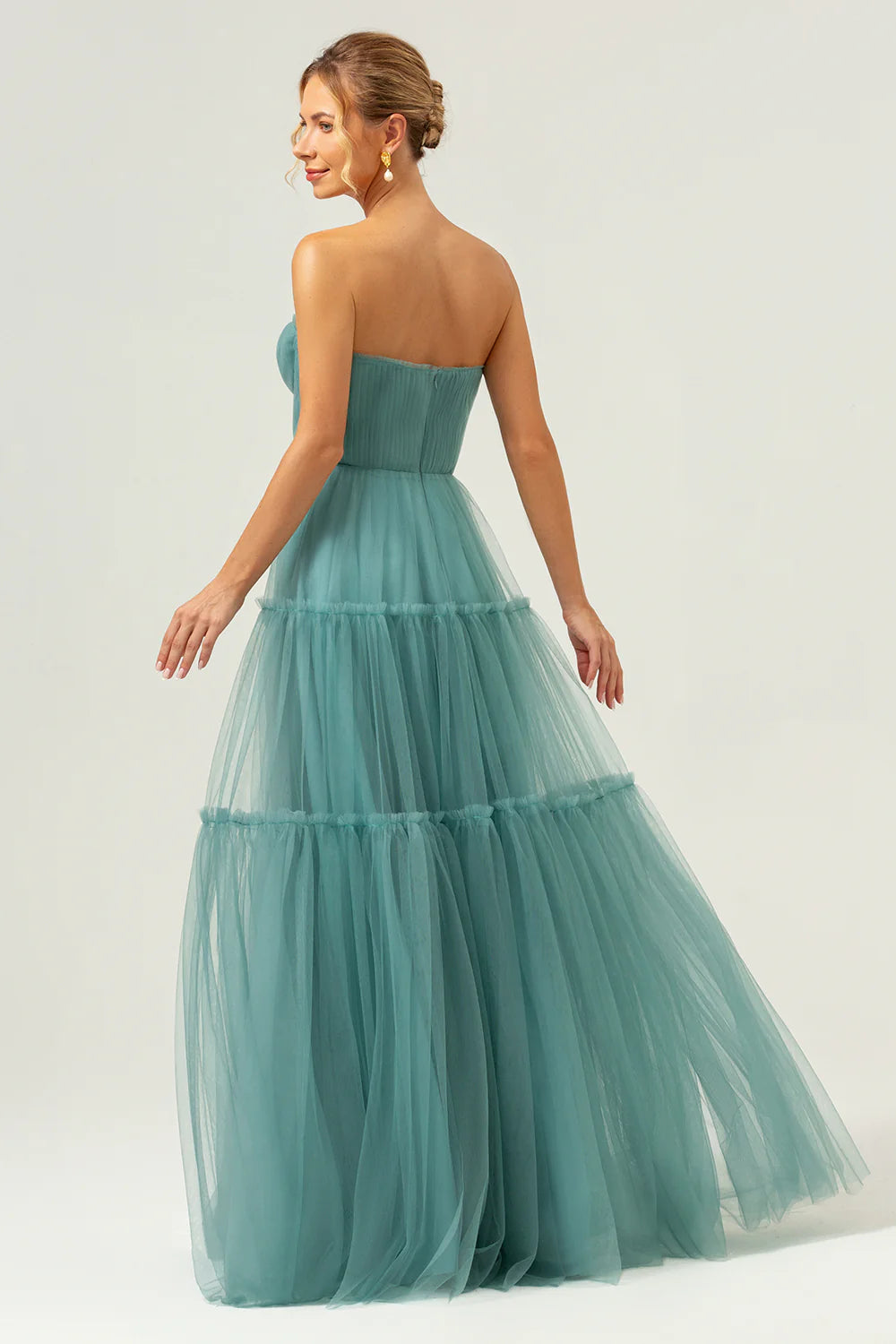 DingJiDress Elegant A Line Strapless Corset Tulle Long Eucalyptus Bridesmaid Dress