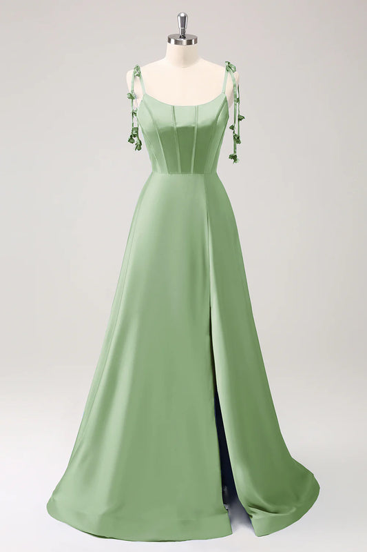 DingJiDress Dark Green A Line Evening Dress Spaghetti Straps Lace Up Back Long Prom Dress with Slit