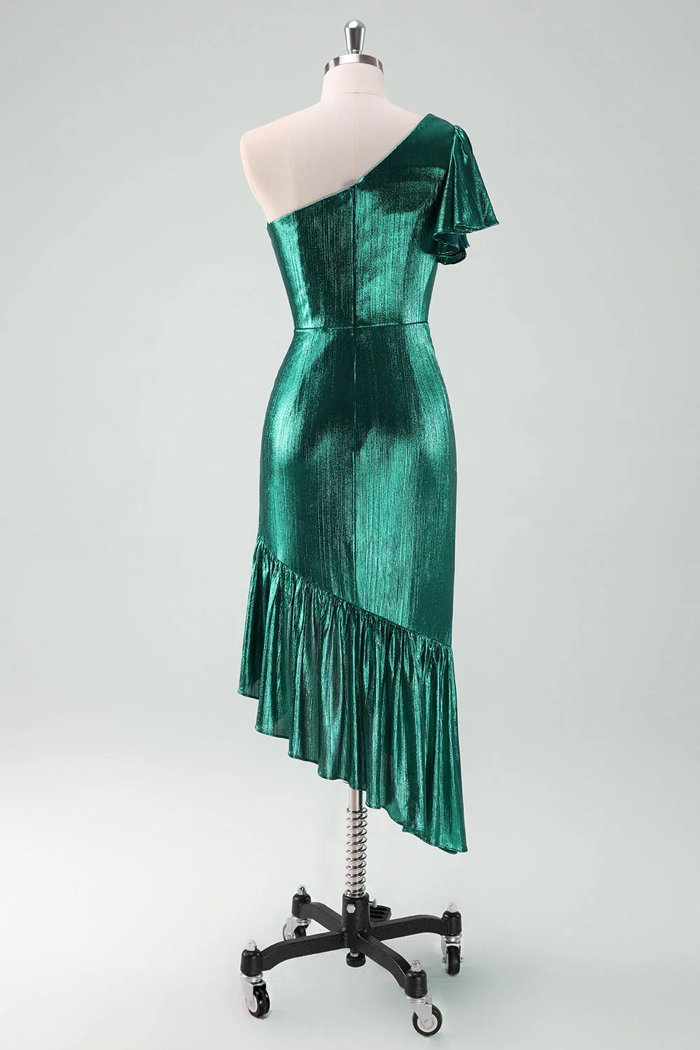 DingJiDress Dark Green Mermaid Cocktail Dress Metallic One Shoulder with Ruffles