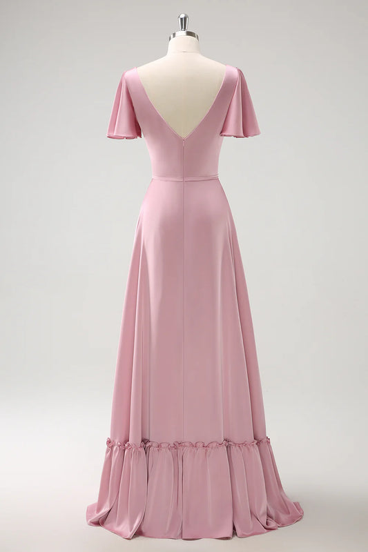 DingJiDress Blush Pink A Line Long Satin Bridesmaid Dress V Neck Ruffle Pleated