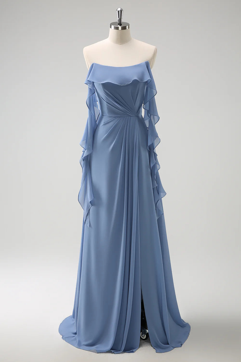 DingJiDress Long Bridesmaid Dress Grey Blue A Line Spaghetti Straps Pleated Chiffon with Slit