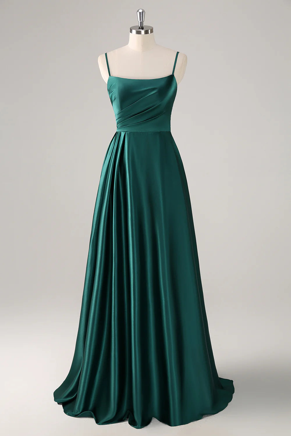 DingJiDress Elegant Dark Green A Line Bridesmaid Dress Spaghetti Straps Ruched Satin