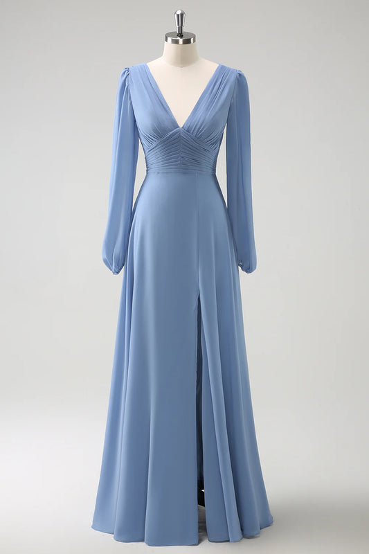 DingJiDress A Line Long Bridesmaid Dress V Neck Pleated Long Sleeves Chiffon with Slit