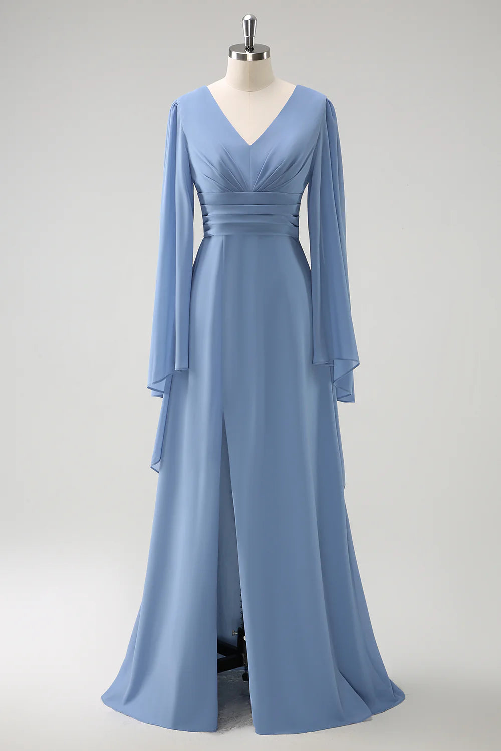 DingJiDress Grey Blue A Line Long Bridesmaid Dress Spaghetti Straps Pleated Chiffon with Slit