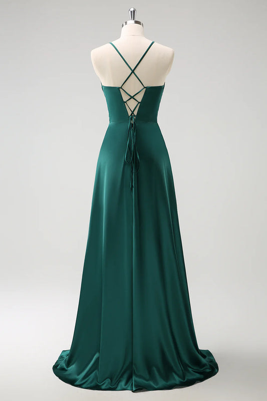 DingJiDress Dark Green A Line Bridesmaid Dress Spaghetti Straps Pleated Floor Length Satin with Slit