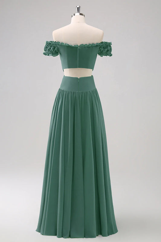 DingJiDress Elegant Eucalyptus A Line Bridesmaid Dress Off The Shoulder Chiffon Floor Length