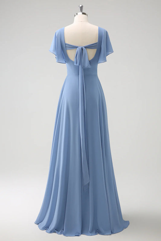 DingJiDress Grey Blue Bridesmaid Dress A Line Chiffon Ruffle Ruched Floor Length with Lace Up Back