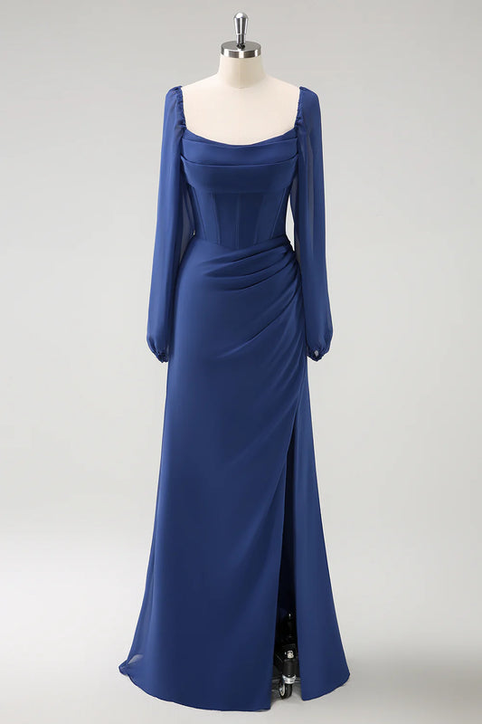 DingJiDress Dark Blue Mermaid Bridesmaid Dress Square Neck Pleated Long Sleeves Corset Chiffon with Slit