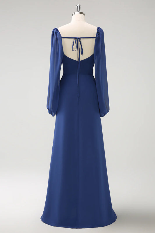 DingJiDress Dark Blue Mermaid Bridesmaid Dress Square Neck Pleated Long Sleeves Corset Chiffon with Slit