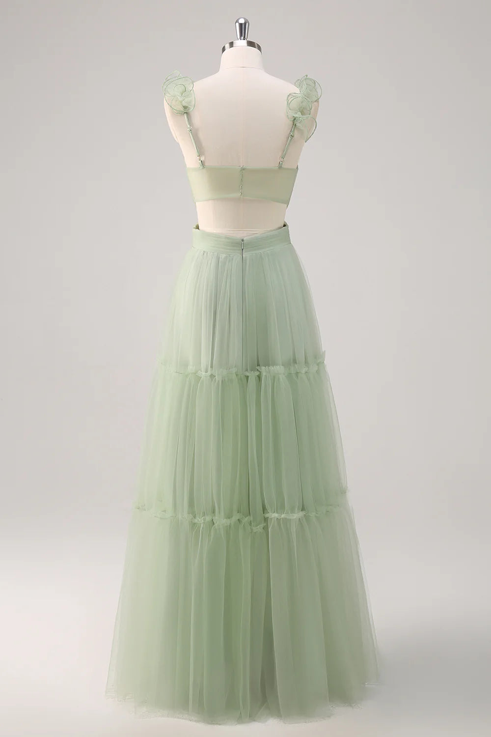 DingJiDress Elegant Dusty Sage A Line Long Bridesmaid Dress V Neck Ruched Hollow Out with Open Back