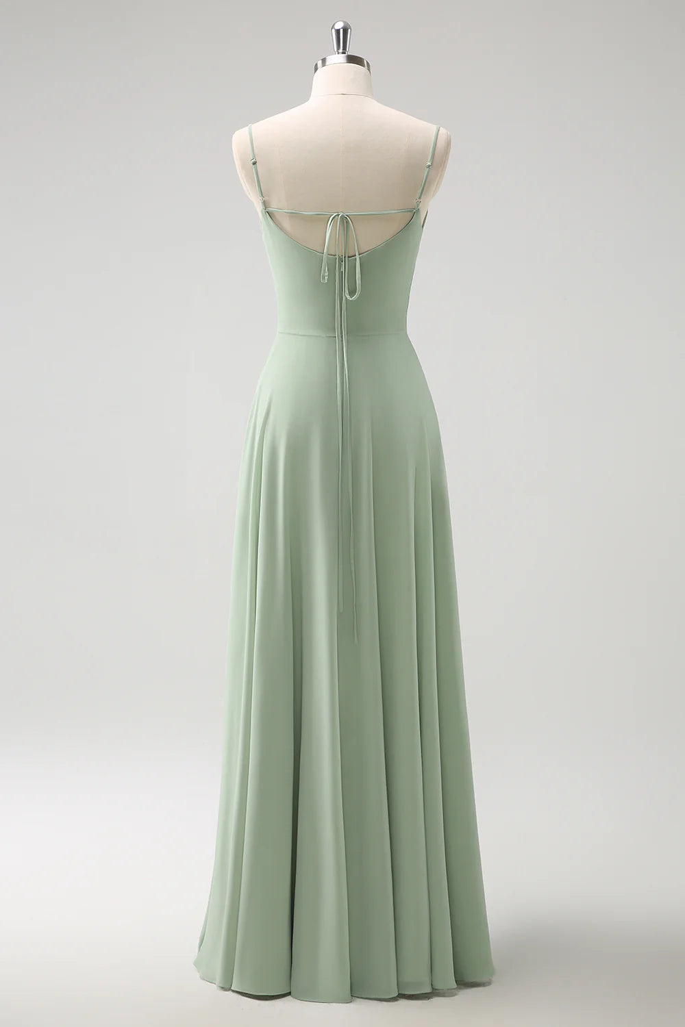 DingJiDress Light Green A Line Long Bridesmaid Dress Cold Shoulder Chiffon with Detachable Sleeves