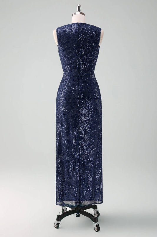 DingJiDress Sparkly Navy Sheath Bridesmaid Dress V-Neck Sequins Sleeveless Mother Of Bride Dress With Slit