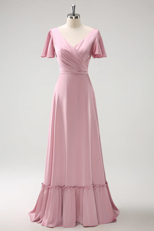 DingJiDress Blush Pink A Line Long Satin Bridesmaid Dress V Neck Ruffle Pleated