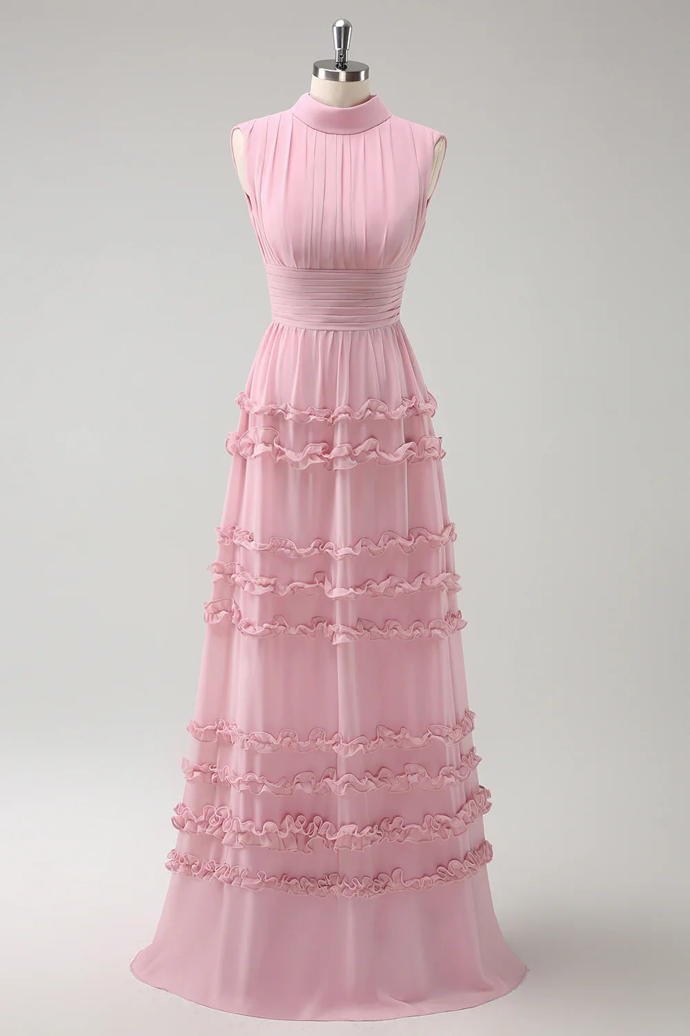DingJiDress Blush Pink A Line High Neck Chiffon Ruffle Pleated Long Bridesmaid Dress with Lace Up Back