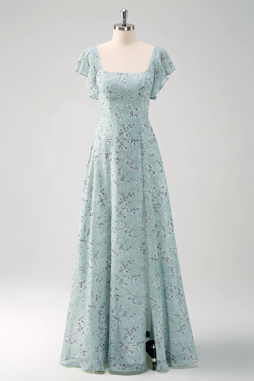 DingJiDress Dusty Sage A-Line Square Evening Dress Neck Floor Length Print Prom Dresses with Slit