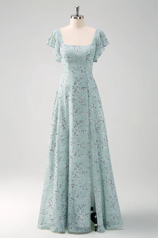 DingJiDress Dusty Sage A-Line Square Evening Dress Neck Floor Length Print Prom Dresses with Slit