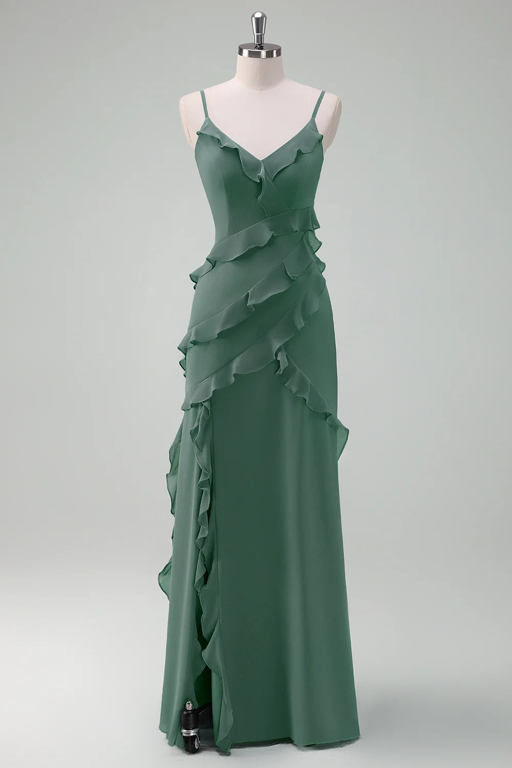 DingJiDress Eucalyptus Sheath Spaghetti Straps Long Ruffle Bridesmaid Dress with Slit