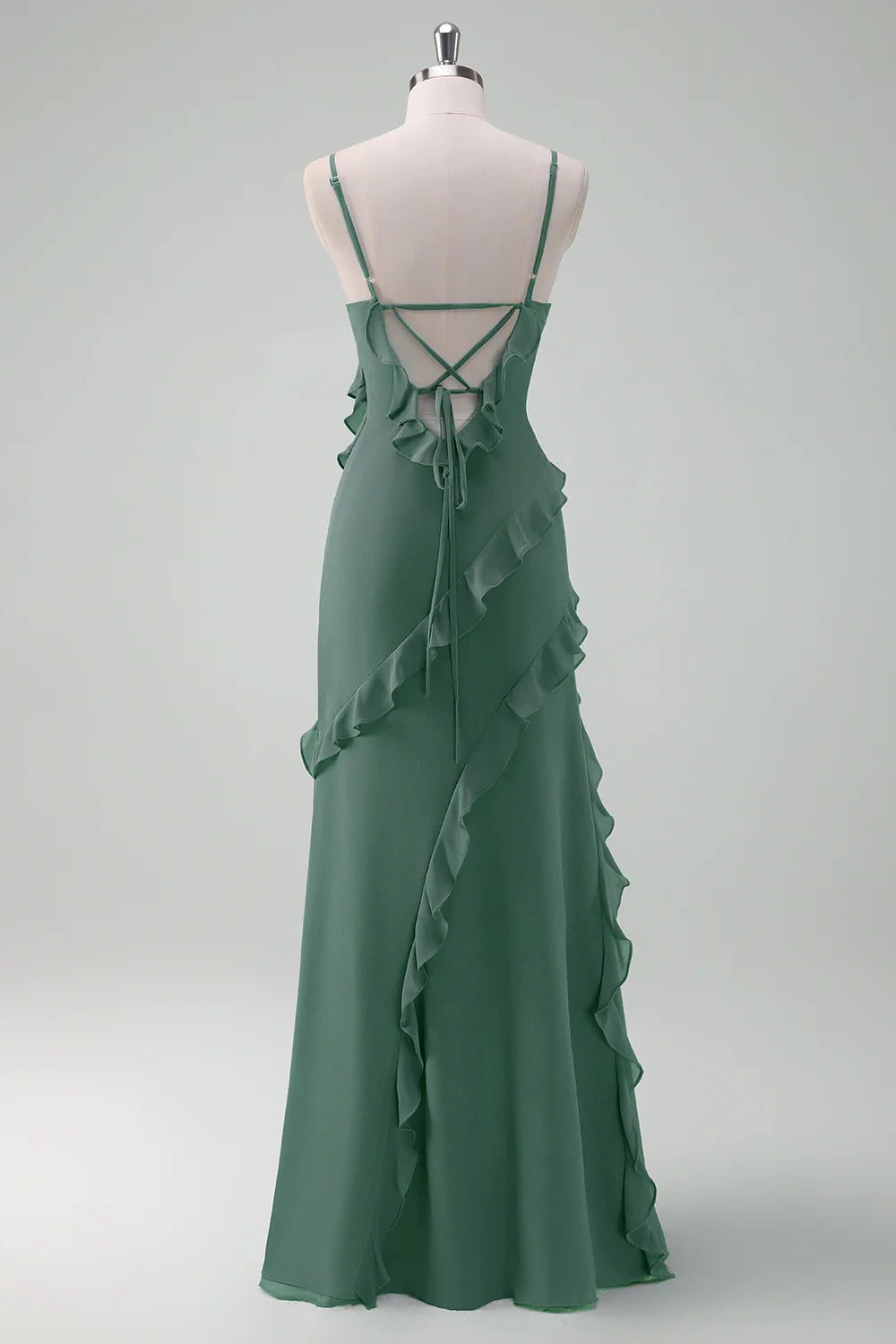 DingJiDress Eucalyptus Sheath Spaghetti Straps Long Ruffle Bridesmaid Dress with Slit