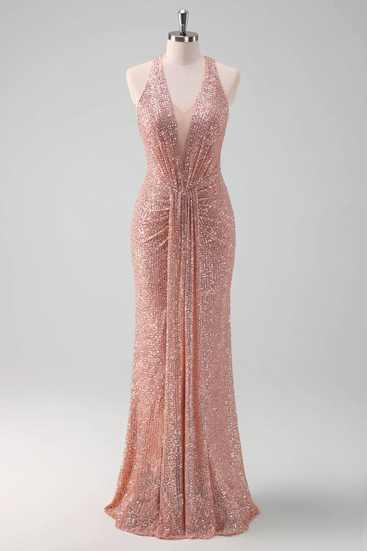 DingJiDress Bridesmaid Dress Sparkly Blush Mermaid V-Neck Sequins Long Prom Dress