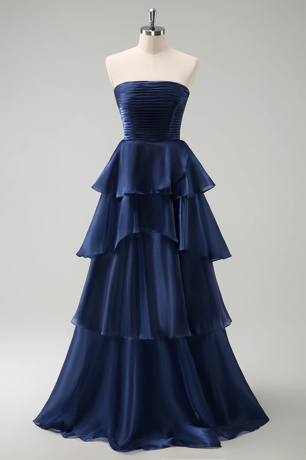 DingJiDress Dark Navy A Line Prom Dresses Strapless Pleated Tiered Floor Length Ruffle