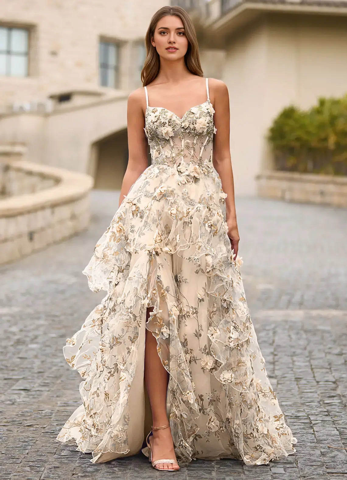 Elegant Light Apricot Printing A Line Spaghetti Strap Sweetheart Neckline Sleeveless 3D Floral Beadwork Side Fork Backless Romantic Formal Dresses Affordable Prom Dress