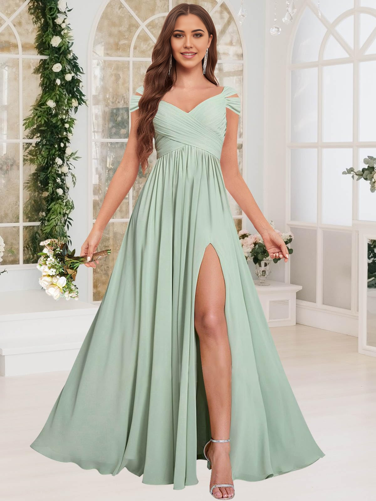 DingJiDress Bridesmaid Dresses Exquisite V Neck Off The Shoulder Side Fork Chiffon Long Formal Wear Dresses