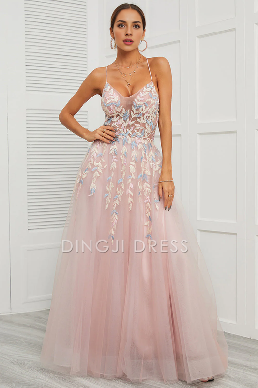 DingJiDress High Quality Dress Evening Dress Exquisite A Line Spaghetti Straps Backless Tulle Fantastic Long Prom Dress