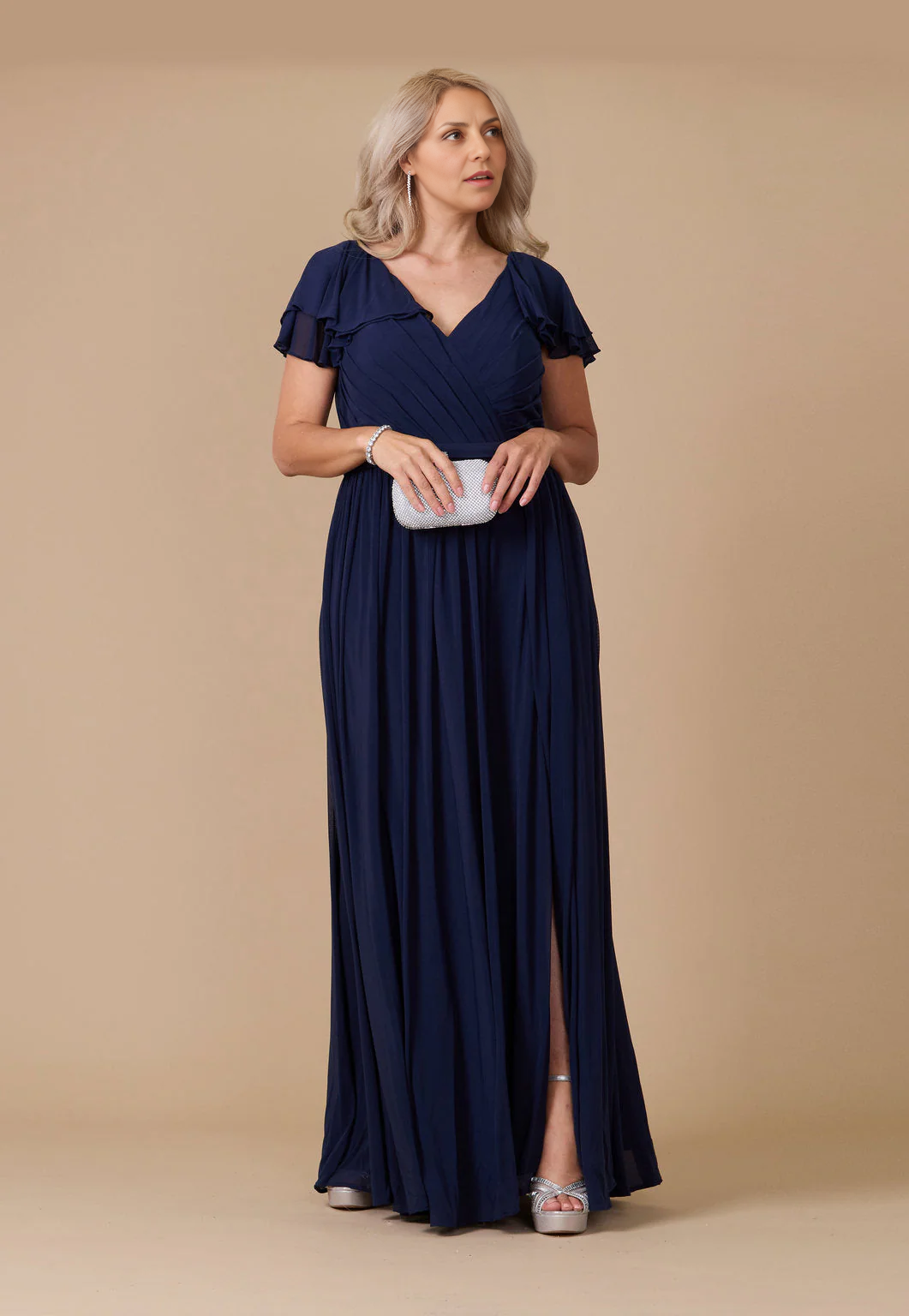DingJiDress Evening Dress Elegant A Line V Neck Pleated Short Sleeve Side Fork Plus Size Long Mother Of The Bride Dress