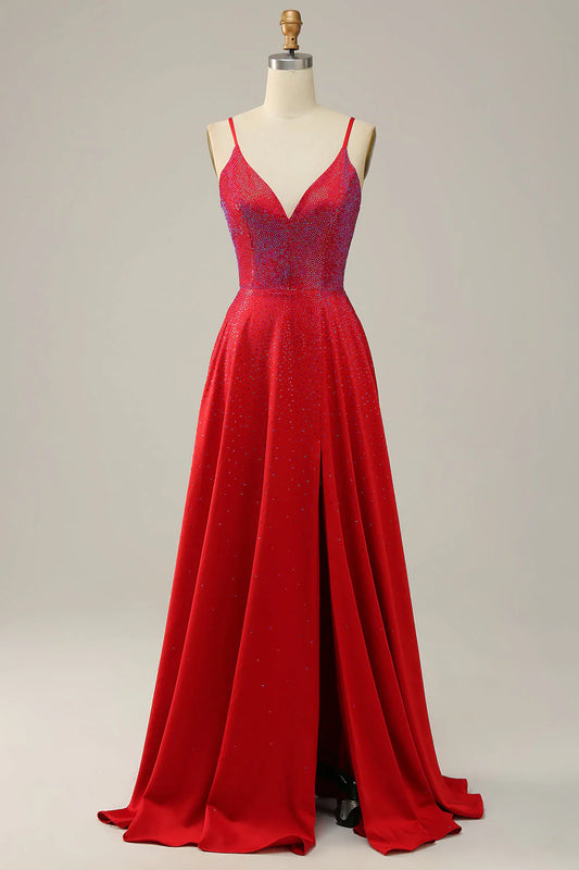 DingJiDress Red A Line Spaghetti Straps Beaded Long Wedding Party Dress with Slit