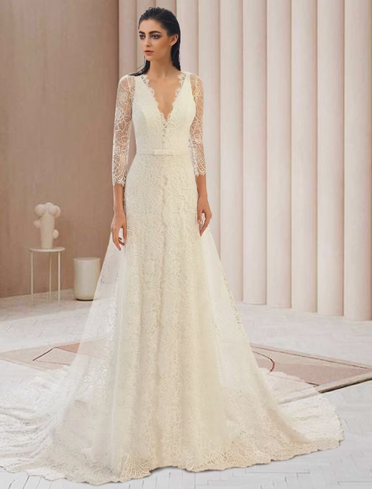 Engagement Open Back Formal Wedding Dresses Court Train Two Piece Long Sleeve V Neck Lace With Bow(s)