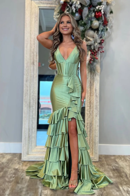 DingJiDress Cute Mermaid V Neck Spaghetti Strap Satin Tiers Long with Slit Fashion Prom Dress