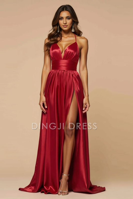 DingJiDress High Quality Dress Charming A Line Deep V Neck Halter Pleated Backless Long With Slit Prom Dress
