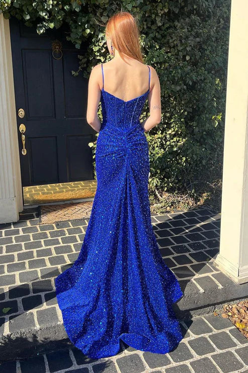 DingJiDress Long Prom Dresses Royal Blue Sequins Spaghetti Straps Mermaid Evening Dress