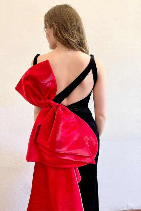 DingJiDress Mermaid V Neck Black Evening Dress Bow Back Long Prom Dresses